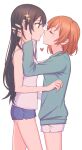  2girls aijo_karen bad_id bad_twitter_id bare_arms black_hair blue_eyes blue_shorts brown_hair camisole closed_mouth commentary cowboy_shot curled_fingers face-to-face facing_another film_grain from_side green_shirt hair_down hand_in_another's_hair hand_on_another's_cheek hand_on_another's_face hands_up heart imminent_kiss kagura_hikari light_blush long_hair long_sleeves looking_at_another medium_hair multiple_girls ph_(ph200010) profile shirt shorts shoujo_kageki_revue_starlight simple_background sleeveless sparkle_hair_ornament standing untranslatable_commentary white_background white_camisole white_shorts yuri 