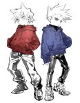  2boys animification annoyed blue_hoodie checkered_shoes commentary drawstring eddsworld flipped_hair frown full_body hair_ears hollow_eyes hood hood_down hoodie jitome k3vccitq long_sleeves looking_at_viewer male_focus multiple_boys pants partially_colored red_hoodie shoes short_hair simple_background sketch sneakers spiked_hair standing tom_(eddsworld) tord_(eddsworld) untranslatable_commentary white_background 