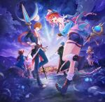  2boys 4girls atelier_(series) atelier_resleriana atelier_resleriana:_the_red_alchemist_&amp;_the_white_guardian black_coat blue_coat blue_hair blue_hat blue_jacket blue_shorts blue_sleeves boots brown_hair cat_girl coat collared_coat ears_through_headwear hand_on_headwear hat headdress headscarf highres holding holding_polearm holding_staff holding_weapon jacket leather leather_boots long_coat moon multicolored_ribbon multiple_boys multiple_girls night official_art polearm red_hair rias_eidreise ribbon rozeluxe_meitzen shooting_star shorts sky slade_clauslyter sophie_neuenmuller spear staff star_(sky) star_(symbol) starry_sky totooria_helmold weapon white_headscarf wilbell_voll-ersleid witch witch_hat 
