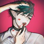  1boy 1girl absurdres aqua_eyes aqua_hair arm_up black_choker black_hair black_nails choker chromatic_aberration collarbone collared_shirt colored_tips commentary cosmetics drop_shadow ear_piercing english_commentary fangs film_grain hair_behind_ear hair_between_eyes hand_on_another's_head hand_up highres holding holding_lipstick_tube lipstick lipstick_mark lipstick_mark_on_face lipstick_tube long_pointy_ears looking_at_viewer makeup male_focus messy_hair mole mole_on_chest mole_under_each_eye mole_under_eye multicolored_hair multiple_moles nail_polish nostrils one_eye_closed original pale_skin photo-referenced piercing pointy_ears portrait red_background red_lips sasucchi95 shirt short_hair simple_background solo_focus studded_choker swept_bangs teeth thick_eyebrows tongue turning_head two-tone_hair undercut very_short_hair white_shirt 