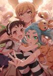  3girls :d :o absurdres angel aqua_hair arms_around_neck artist_name backlighting backpack badge bag black_hair blonde_hair bloom bow bowtie bracelet button_badge center_frills choco_fashion chocolate-covered_food chocolate_donut cloud cloudy_sky collarbone donut dress dual_wielding fang feet_out_of_frame flat_chest floating_hair food frills googly_eyes green_eyes hachikuji_mayoi hair_between_eyes hair_flaps hair_ribbon hairband hands_up hat hat_loss heaven highres holding holding_instrument hug instrument jewelry legs_together light_blush light_rays long_hair looking_at_viewer medium_hair monogatari_(series) multiple_girls old-fashioned_donut ononoki_yotsugi open_mouth orange_dress orange_hat oshino_shinobu outstretched_arm oversized_food oversized_object parted_bangs pocket pointy_ears pon_de_ring puffy_short_sleeves puffy_sleeves red_bow red_bowtie red_eyes ribbon ringed_eyes shirt short_bangs short_sleeves sidelocks skin_fang skirt sky smile striped_clothes striped_thighhighs stuffed_animal stuffed_toy suspender_skirt suspenders tea_ramisu teddy_bear thick_eyebrows thighhighs twintails w white_hairband white_shirt yellow_eyes 