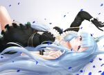  1girl absurdres animal_ears asymmetrical_gloves asymmetrical_sleeves bare_shoulders black_dress black_gloves blue_hair blush braid breasts center_frills commentary_request crown_braid dress ear_ribbon frills gloves highres horse_ears horse_girl horse_tail long_hair lying medium_breasts mejiro_ardan_(crystalline)_(umamusume) mejiro_ardan_(umamusume) mismatched_gloves off-shoulder_dress off_shoulder on_back parted_lips petals purple_eyes smile solo tail tama_sera279 umamusume uneven_sleeves white_gloves 
