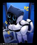 anthro bellabot big_breasts black_border black_bow_tie black_clothing black_eyes black_leotard blue_nose blue_sclera border bow_tie breasts cleavage clothed clothing domestic_cat felid feline felis female front_view hi_res kerfus leotard looking_at_viewer mammal robot_anthro screen screen_face sex_toy solo thick_thighs tofuuu white_body wide_hips