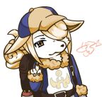 2026 4_fingers alternate_species anthro backpack baseball_cap belt blonde_hair buckle canid clothed clothed_anthro clothed_male clothing digital_media_(artwork) fingerpads fingers fur fur_trim_(clothing) furrification hair hair_over_eye half-length_portrait hat headgear headwear low_res male male_anthro mammal nintendo pawpads pokemon portrait print_clothing puniwanko signature simple_background solo volo_(pokemon) white_background white_body white_fur