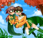  2girls :d animification antenna_hair artist_name autumn_leaves averting_eyes belt blush bodysuit boots breasts brown_eyes brown_hair cape carrying cloud color_connection commentary cosplay crash_zoom creator_connection crossover dappled_sunlight dew-creek domino_mask edd_(eddsworld) edd_(eddsworld)_(cosplay) eddsworld ell_(eddsworld) english_commentary eye_mask fan_request flustered flying genderswap genderswap_(mtf) genderswap_on_non-genderswap gloves grass green_belt green_boots green_cape green_eyes green_gloves green_mask green_shorts hair_color_connection hairstyle_connection leaf long_hair low_ponytail lucy_rose mask medium_breasts multiple_girls nervous official_alternate_costume open_mouth orange_bodysuit outdoors ponytail princess_carry self_cosplay shirt shorts sky small_breasts smile spiked_hair sunlight superhero_costume thighhighs trait_connection tree tumblr_username white_shirt white_thighhighs yellow_eyes yellow_gloves yuri 