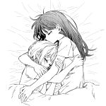  2girls bang_dream! bang_dream!_it's_mygo!!!!! commentary_request greyscale highres hug kaname_raana korean_commentary long_hair lying mole mole_under_eye monochrome multiple_girls neonfloyd shiina_taki shirt short_hair yuri 