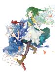  2girls alternate_costume apron back_bow blue_dress blue_eyes blue_hair boots bow bowtie brown_boots brown_pantyhose cirno commentary_request daiyousei detached_wings dress full_body green_eyes green_hair green_skirt hair_bow highres ice ice_wings loxodon mary_janes medium_hair multiple_girls open_mouth pantyhose red_shoes shirt shoes skirt sleeveless sleeveless_dress smile touhou waist_apron white_apron white_bow white_bowtie wings yellow_shirt 