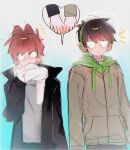  2boys adapted_costume alternate_costume animification antenna_hair averting_eyes black_coat blush brown_coat brown_hair coat couple drawstring earmuffs edd_(eddsworld) eddsworld flipped_hair flying_sweatdrops gradient_background green_hoodie grey_shirt hair_ears hand_up heart-shaped_speech_bubble highres holding_hands hood hood_down hoodie jitome long_sleeves looking_at_another male_focus multiple_boys notice_lines official_alternate_costume open_clothes open_coat scarf shirt short_hair shy sketch slit_pupils speech_bubble swept_bangs tord_(eddsworld) trench_coat white_scarf winter_clothes yaoi yunian77 
