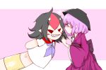  2girls ascot back_bow black_hair blue_ascot blush blush_stickers bow bowl bowl_hat character_doll commentary_request doll dress grin hand_puppet hat japanese_clothes kijin_seija kimono long_sleeves makihako_bunko mini_person multiple_girls puppet purple_bow purple_dress purple_eyes purple_hair purple_sash sash short_hair short_sleeves small_horns smile sukuna_shinmyoumaru sweatdrop touhou white_dress wide_sleeves 