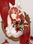  1girl animal_ears brown_hair commentary cropped_torso dress ear_covers ear_ribbon flower hair_between_eyes highres horse_ears horse_girl long_hair long_sleeves looking_at_viewer multicolored_hair multicolored_nails own_hands_clasped own_hands_together parted_lips pinosuke red_eyes revision ribbon solo still_in_love_(umamusume) streaked_hair umamusume veil watermark white_dress white_ribbon white_streaks white_veil 