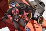  1boy 1girl airplane_wing autobot blue_eyes hand_on_own_hip highres humanoid_robot insignia irving-zero mecha mechanical_wings metal_skin red_eyes red_lips robot robot_girl starscream the_transformers_(idw) transformers windblade wings 