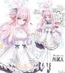  >_< 1girl :d absurdres ahoge angel_wings artist_name bare_shoulders blue_archive blue_bow blue_bowtie bow bowtie breasts cake capelet character_name cowboy_shot doodle_inset doodle_sensei_(blue_archive) dress english_text feathered_wings finger_to_mouth flower food frilled_dress frills full_body gradient_halo hair_bun hair_flower hair_ornament halo heart heart_ahoge high_heels highres holding holding_plate long_hair low_wings mika_(blue_archive) multicolored_halo multiple_views nagisa_(blue_archive) open_mouth ougiikun pantyhose parted_lips pink_hair pink_halo plate purple_halo purple_scrunchie scrunchie seia_(blue_archive) sensei_(blue_archive) simple_background single_side_bun sleeveless sleeveless_dress smile speech_bubble standing swiss_roll white_background white_capelet white_dress white_pantyhose white_wings wing_ornament wings wrist_scrunchie xd yellow_eyes 