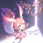  1girl absurdres blue_eyes branch chinese_commentary commentary_request dress flower furry furry_female gem guozi375 heart-shaped_gem highres honkai:_star_rail honkai_(series) leg_up mem_(honkai:_star_rail) open_mouth outstretched_arm petals red_gem second-party_source solo standing standing_on_one_leg star-shaped_pupils star_(symbol) symbol-shaped_pupils tail two-tone_tail 