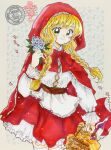 1girl artist_name basket bdsm belt blonde_hair blue_flower bondage bottle bound bow bowtie braid bread brown_belt cape closed_mouth commentary cowboy_shot falling_petals flower food frilled_sleeves frills fukatsuki_mizuki green_eyes hand_up highres holding holding_basket holding_flower hood hood_up hooded_cape little_red_riding_hood_(fairy_tale) little_red_riding_hood_(fairy_tale_character) looking_at_viewer low_twin_braids napkin petals petticoat picnic_basket pink_petals red_bow red_bowtie red_cape red_skirt shirt skirt smile solo standing thighhighs traditional_media twin_braids watermark white_flower white_shirt white_thighhighs wine_bottle 