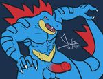  2011 abs alligator amber_eyes anthro balls bgn biceps claws erection fangs feraligatr male muscles nintendo pecs penis plain_background pok&#233;mon pokemon reptile scalie solo video_games 