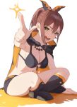  1girl absurdres belt bikini bikini_top_only black_bikini black_boots black_bra black_cape black_ribbon black_shorts blurry blurry_foreground boots bra breasts brown_hair cape cleavage commentary_request crossed_ankles depth_of_field double-parted_bangs finger_gun foreshortening full_body green_eyes hand_rest high_ponytail highres long_hair looking_at_viewer medium_breasts mercaxy micro_shorts navel open_mouth orange_belt orange_cape orange_ribbon pointing pointing_at_viewer ponytail re:zero_kara_hajimeru_isekai_seikatsu ribbon shaula_(re:zero) shorts sidelocks simple_background sitting smile solo sparkle stomach swimsuit two-tone_cape two-tone_ribbon underwear white_background 