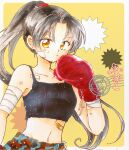  1girl artist_name bandaged_arm bandaged_wrist bandages bandaid bandaid_on_cheek bandaid_on_chest bandaid_on_face bandaid_on_stomach black_camisole black_hair boxing_gloves camisole camouflage camouflage_pants closed_mouth collarbone commentary crop_top curtained_hair english_commentary fukatsuki_mizuki hand_up high_ponytail highres injury long_hair looking_at_viewer midriff navel orange_eyes original pants ponytail solo traditional_media upper_body watermark 