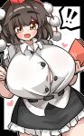  ! !! 1girl absurdres belt black_belt black_border black_hair black_skirt blush book border breasts brown_eyes bursting_breasts commentary_request crossed_bangs double-parted_bangs dutch_angle frilled_skirt frills hat heart highres holding holding_book holding_pen huge_breasts kkfri_2525 looking_at_viewer medium_hair motion_lines open_mouth partially_unbuttoned pen pom_pom_(clothes) red_hat shameimaru_aya shirt short_sleeves simple_background skirt smile solo speech_bubble spoken_exclamation_mark tokin_hat touhou upper_body white_background white_shirt 