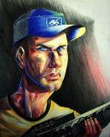  1boy 2011 baseball_cap blood blood_on_face blue_eyes brown_hair civilized-apocalypse closed_mouth colored_pencil_(medium) ellis_(left_4_dead) gun hat holding holding_gun holding_weapon injury left_4_dead left_4_dead_2 male_focus portrait pump_action serious shirt shotgun traditional_media weapon yellow_shirt 