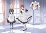  absurdres alternate_costume alternate_hairstyle apron azur_lane blonde_hair blush bowing brown_hair formidable_(azur_lane) genshin_impact highres hu_tao_(genshin_impact) maid_apron maid_headdress red_ribbon ribbon sheffield_(azur_lane) twintails yura_s_arts 