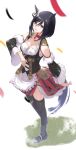  1girl absurdres animal_ears apron black_hair black_thighhighs blue_eyes bob_cut bodice breasts choker cleavage commentary_request confetti detached_sleeves dirndl ear_ribbon ear_scrunchie eishin_flash_(meisterschaft)_(umamusume) eishin_flash_(umamusume) fune_(fune83ojj) german_clothes hair_between_eyes highres horse_ears horse_girl horse_tail large_breasts parted_lips red_choker red_skirt scrunchie shirt shoes short_hair skirt solo striped_clothes striped_skirt sweat swept_bangs tail thighhighs umamusume vertical-striped_clothes vertical-striped_skirt white_apron white_scrunchie white_shirt 
