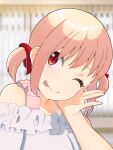  1girl ;p \||/ absurdres bare_shoulders black_bitou blurry blurry_background bow closed_mouth collarbone commentary_request dress eyelashes eyes_visible_through_hair frilled_dress frills hair_between_eyes hair_bow hair_ribbon hand_on_own_cheek hand_on_own_face hand_up highres looking_at_viewer lycoris_recoil medium_hair nishikigi_chisato off-shoulder_dress off_shoulder one_eye_closed red_bow red_eyes red_ribbon ribbon short_twintails sidelocks smile solo split_mouth tareme tehepero tongue tongue_out twintails upper_body white_dress 