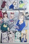  5girls agnes_digital_(casual)_(umamusume) agnes_digital_(umamusume) air_groove_(casual)_(umamusume) air_groove_(umamusume) almond_eye_(umamusume) averting_eyes awkward belt black_hair blonde_streaks blue_hair bow brown_eyes comiket commentary_request ear_bow ear_chain ear_covers english_text eyeliner eyewear_on_head gloves green_bow green_hair green_shirt grey_eyes hair_bow highres himejoshi horse_girl jacket kiseki_(casual)_(umamusume) kiseki_(umamusume) linked_piercing long_hair long_sleeves lucky_lilac_(umamusume) makeup medium_hair medium_request mejiro_dober_(casual)_(umamusume) mejiro_dober_(umamusume) multicolored_hair multiple_girls narcoticalmonds nervous_sweating pants piercing pink_gloves pink_hair red_bow red_eyeliner shipping_(fandom) shirt short_sleeves sideways_glance sound_effects speech_bubble stay_gold_(casual)_(umamusume) stay_gold_(umamusume) still_in_love_(umamusume) streaked_hair striped_bow sunglasses sweat tied_jacket traditional_media translation_request triangle_mouth two-tone_hair two_side_up umamusume umamusume_horse_relations wavy_mouth yellow_belt yellow_bow 