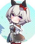  1girl animal_ears black_coat black_hairband blush bow bow_hairband chibi chibi_only closed_mouth coat collared_shirt commentary_request cowboy_shot curren_chan_(umamusume) frilled_coat frills grey_hair hair_between_eyes hairband highres horse_ears horse_girl horse_tail long_sleeves looking_at_viewer miniskirt open_clothes open_coat outstretched_arm purple_eyes reaching reaching_towards_viewer red_bow red_thighhighs shirt short_hair skirt smile solo striped_clothes striped_shirt striped_skirt tail thighhighs umamusume vertical-striped_clothes vertical-striped_shirt vertical-striped_skirt warashi white_shirt white_skirt zettai_ryouiki 