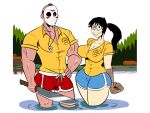  1boy 1girl 2021 blue_shorts breasts friday_the_13th hetero hockey_mask holding holding_machete jason_voorhees lake machete mask momo_(creepypasta) ponytail red_shorts shirt shorts thighs uz-cartoons water whistle yellow_shirt 