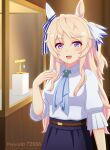  1girl animal_ears belt blonde_hair blue_neckerchief blue_skirt blush breasts brown_belt casual collared_shirt commentary_request hair_between_eyes hair_ornament highres horse_ears horse_girl kasumi_uzuki long_hair looking_at_viewer medium_breasts multicolored_eyes neckerchief open_mouth revision shirt skirt smile solo umamusume victoire_pisa_(casual)_(umamusume) victoire_pisa_(umamusume) white_shirt 