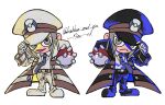  2boys adjusting_clothes adjusting_headwear black_hat black_pants chibi chibi_only coat collared_shirt commentary_request emmet_(pokemon) full_body grey_hair hat highres holding holding_poke_ball ingo_(pokemon) multiple_boys necktie pants peaked_cap poke_ball pokemon pokemon_black_and_white purple_necktie shirt shoes siblings simple_background twins vodka_(kahlua_and_gin) white_background white_hat white_pants white_shirt white_shoes 