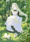  1girl :o apron barefoot black_dress blonde_hair blue_eyes book commentary_request dappled_sunlight dress flipped_sidelocks floating_hair forest frilled_apron frills full_body grass hair_intakes highres holding holding_own_skirt holding_tray light_blush light_particles long_hair maid maid_apron maid_headdress nature nekory open_book original outdoors puffy_sleeves scenery sidelocks signature solo sunlight swept_bangs tray tree tree_shade walking white_apron 