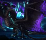 ambiguous_feral ambiguous_gender black_body black_horn black_scales black_wings blue_claws blue_eyes cave claws dragon empty_eyes fangs feral hi_res horn inside killthe_demon membrane_(anatomy) membranous_wings mythological_creature mythological_scalie mythology open_mouth purple_horn purple_wings scales scalie solo teeth wing_claws wings