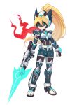  1girl absurdres armor armored_boots assault_visor belt biometal blonde_hair blue_eyes bodystocking bodysuit boots breasts chest_jewel ciel_(mega_man) commission commissioner_upload covered_navel elbow_gloves energy_gun energy_sword eyelashes fake_horns forehead_jewel full_body gauntlets gloves gun helmet highres holding holding_weapon horned_helmet horns knee_armor long_bangs long_hair mechanical_ears mega_man_(series) mega_man_zero_(series) mega_man_zx mega_man_zx_advent model_a_(mega_man) model_x_(mega_man) model_z_(mega_man) non-web_source petite ponytail rifle shorts shoulder_armor small_breasts solo sword thigh_boots thighs transparent_background weapon 