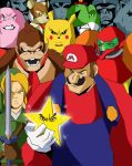  6+boys angry armor assault_visor blonde_hair blue_eyes blue_overalls blush_stickers brown_hair captain_falcon clenched_teeth closed_eyes colored_skin donkey_kong eternalflamebry everyone facial_hair fingerless_gloves fox_mccloud furry furry_male gloves green_skin hat helmet highres holding holding_sword holding_weapon jigglypuff kirby left-handed link looking_at_viewer luigi male_focus mario master_sword meme multiple_boys mustache ness_(mother_2) open_mouth overalls pikachu pointy_ears pokemon_(creature) power_armor power_suit_(metroid) samus_aran shield smile star_(symbol) super_smash_bros. sword teeth triforce varia_suit viltrumite_group_shot_(meme) weapon white_gloves yoshi 