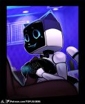 anthro bellabot big_breasts black_border black_bow_tie black_eyes blue_nose blue_sclera border bow_tie breast_play breasts dark_body dark_skin domestic_cat duo felid feline felis female front_view genitals glowing glowing_nipples hi_res human inverted_nipples kerfus male male/female mammal nipples penis robot_anthro screen screen_face sex sex_toy titfuck tofuuu white_body
