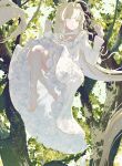  1girl ahoge barefoot blonde_hair blue_eyes choker clenched_hand commentary_request criss-cross_halter crossed_legs dappled_sunlight day dress floating_hair forest frilled_dress frills full_body grass hair_intakes halterneck hands_up highres huge_ahoge light_particles long_hair long_sleeves looking_at_viewer nature nekory on_tree original outdoors parted_lips scenery sidelocks signature solo sunlight tree tree_shade very_long_hair white_choker white_dress 