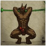  abs anthro anubian_jackal arms_behind_head balls biceps big_penis bound brown_fur canine claws clenched_teeth colored crouching erection eyes_closed fangs flexing fur glowing glowing_eyes jackal league_of_legends male mammal muscles nasus nipples nude pecs penis polearm pose presenting red_eyes sheath solo staff teeth toe_claws toned uncut vein yellowpower 