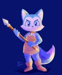 anthro black_nose blue_background blue_body blue_eyes blue_fur clothing collar dinosaur_planet dipstick_tail domestic_cat dress eyelashes felid feline felis female female_anthro footwear full-length_portrait fur gem hi_res holding_melee_weapon holding_object holding_polearm holding_spear holding_weapon krystal_(dinosaur_planet) krystal_(star_fox) looking_at_viewer lou_lubally mammal markings melee_weapon nintendo polearm portrait rareware simple_background solo spear standing star_fox tail tail_markings weapon white_body white_fur white_tail_tip yellow_clothing yellow_dress yellow_footwear