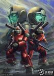  2boys assault_visor beam_rifle commentary_request company_name copyright_logo copyright_name copyright_notice earth_federation energy_gun green_assault_visor gun guncannon gundam gundam_card_game hayaken_sarena hayato_kobayashi helmet holding holding_gun holding_weapon kai_shiden logo mecha mecha_focus mecha_pilot_suit mobile_suit mobile_suit_gundam multiple_boys normal_suit_(gundam) official_art open_mouth pilot_helmet robot science_fiction shoulder_cannon signature spacesuit standing sunrise_(company) weapon 