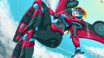  1girl airplane_wing autobot beam_weapon blue_eyes cloud commentary energy_sword english_commentary flying highres humanoid_robot mechanical_wings metal_skin red_lips robot robot_girl sammy-upvotes sky sword thighs transformers weapon windblade wings 