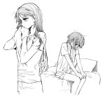  2girls bang_dream! bang_dream!_it's_mygo!!!!! commentary_request greyscale highres korean_commentary long_hair monochrome multiple_girls nagasaki_soyo neonfloyd piercing_hole shirt shorts simple_background sitting takamatsu_tomori towel white_background yuri 