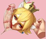  1boy 1girl after_ejaculation after_fellatio blonde_hair blue_eyes bowsette commentary crown cum cum_on_body cum_on_penis disembodied_hand disembodied_penis earrings english_commentary eyeshadow galaad1800 highres holding_another's_horns horns jewelry kissing_penis large_penis lipstick_ring long_hair makeup mario_(series) new_super_mario_bros._u_deluxe penis penis_on_face pink_background pov pov_hands red_lips solo_focus sphere_earrings super_crown uncensored veins veiny_penis 