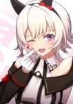  1girl animal_ears bare_shoulders black_hairband blush bow breasts coat commentary_request curren_chan_(fille_eclair)_(umamusume) curren_chan_(umamusume) dress ear_bow ear_covers finger_heart gloves grey_hair hairband heart highres horse_ears horse_girl long_sleeves looking_at_viewer off-shoulder_coat off-shoulder_dress off-shoulder_jacket off_shoulder open_mouth purple_eyes red_bow short_hair smile solo striped_clothes striped_dress tarf teeth umamusume upper_body vertical-striped_clothes vertical-striped_dress white_gloves 