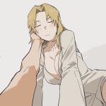  1boy 1girl blonde_hair blush breasts cleavage closed_eyes closed_mouth collared_shirt commentary_request green_eyes hair_down hand_on_another's_cheek hand_on_another's_face korean_commentary looking_at_viewer lying nara_shikamaru naruto_(series) naruto_shippuuden out_of_frame shirt temari_(naruto) unico_cats2 white_background white_shirt 