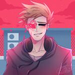  1boy absurdres alternate_universe animification blood blue_hoodie blush brown_hair chain-link_fence chinese_commentary commentary_request crying dear_starboy drawstring east-west_crossover eddsworld fence headphones headphones_around_neck highres hollow_eyes hood hood_down hoodie long_sleeves looking_at_viewer male_focus multiple_pov multiple_views outdoors parody portrait pov red_sky short_hair signature sky smile solo spiked_hair tears tom_(eddsworld) weng_miao yoasobi yoru_ni_kakeru 
