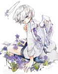  1boy angel angel_wings black_shorts child collared_shirt commentary_request feathered_wings feathers finger_to_mouth flower fujishiro_hariko halo highres long_sleeves looking_at_viewer male_focus melting_halo mole mole_under_eye on_cloud original painting_(medium) purple_eyes purple_flower shirt short_hair shorts shushing signature simple_background sitting traditional_media watercolor_(medium) white_background white_feathers white_shirt white_wings wings 