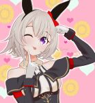 1girl absurdres animal_ears bare_shoulders black_hairband blush bow breasts closed_mouth coat commentary_request curren_chan_(fille_eclair)_(umamusume) curren_chan_(umamusume) dress ear_bow ear_covers flower gloves grey_hair hairband heart highres horse_ears horse_girl illust_crow long_sleeves looking_at_viewer medium_breasts off-shoulder_coat off-shoulder_dress off-shoulder_jacket off_shoulder one_eye_closed purple_eyes red_bow short_hair smile solo striped_clothes striped_dress tongue tongue_out umamusume vertical-striped_clothes vertical-striped_dress white_gloves 