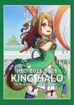  1girl animal_ears bare_shoulders black_gloves black_thighhighs blush border bow breasts brown_hair buttons character_name coat commentary_request double-breasted dress ear_bow ear_covers ear_ribbon frilled_thighhighs frills gloves green_border green_bow green_dress grimmyhiji happy_birthday highres horse_ears horse_girl horse_tail king_halo_(king_of_emeralds)_(umamusume) king_halo_(umamusume) long_hair medium_breasts off-shoulder_coat off-shoulder_dress off_shoulder ojou-sama_pose open_mouth red_eyes smile solo tail teeth thighhighs umamusume upper_teeth_only 