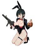  1girl animal_ears black_jacket black_leotard black_shoes bottle bow bowtie breasts covered_navel detached_collar fake_animal_ears fishnet_pantyhose fishnets gun high_heels highres holding holding_bottle holding_gun holding_weapon jacket kneeling large_breasts leotard leotard_pull nipples open_clothes open_jacket original pantyhose playboy_bunny rabbit_ears red_bow red_bowtie shoes simple_background solo thigh_strap wani_(perfect_han) weapon white_background 
